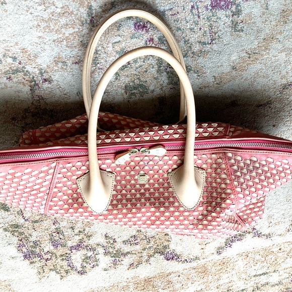 Pour La Victoire Leather basketweaved Authentic Extra Large Tote  Tan/Orange - Picture 11 of 16